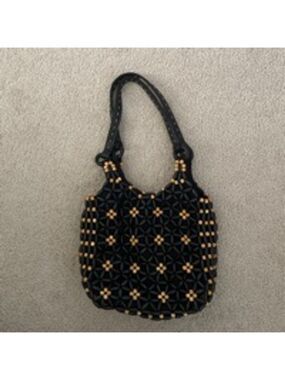 Boho Women's Nine West Beaded Handbag Small Black Beige Y2K -2000